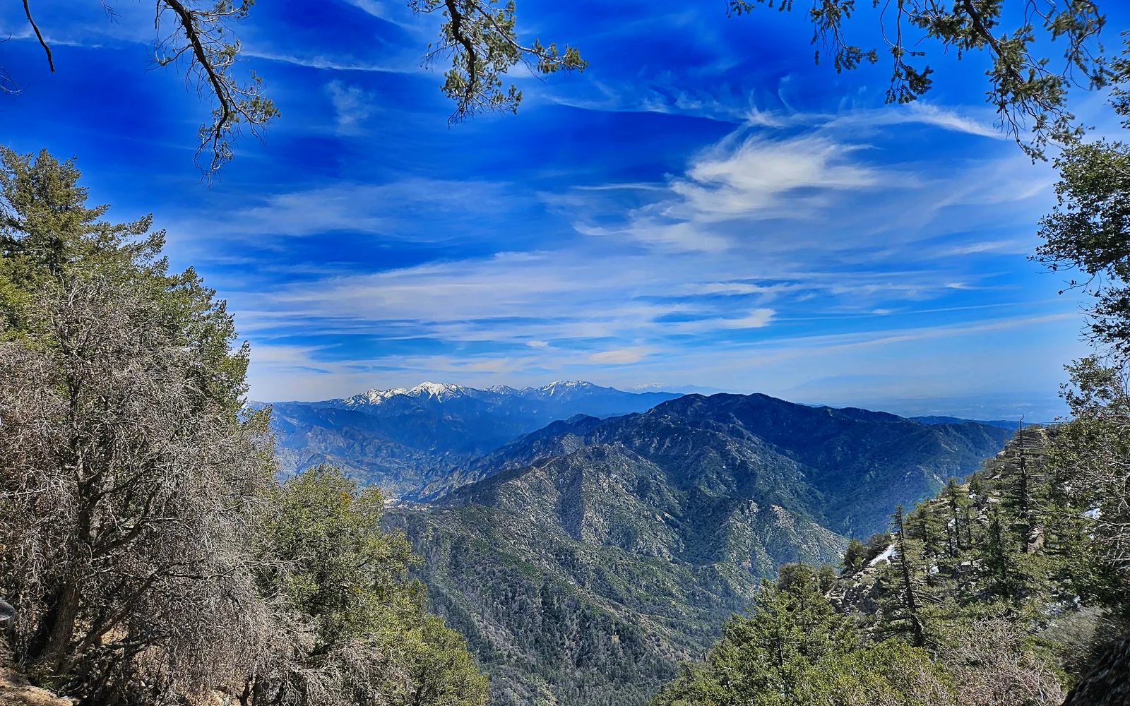 Panoramic mountain landscape view showing snow-covered peaks of the San Gabriel Mountains including Mount Baden-Powell and Mount San Antonio