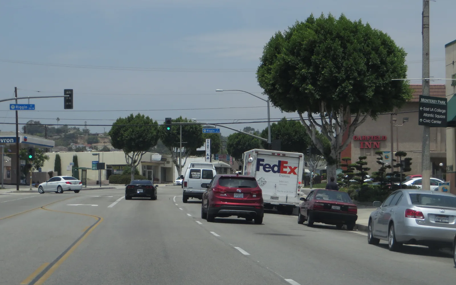 Street view of Garfield Avenue in Monterey Park showing storefronts and businesses in the downtown commercial district